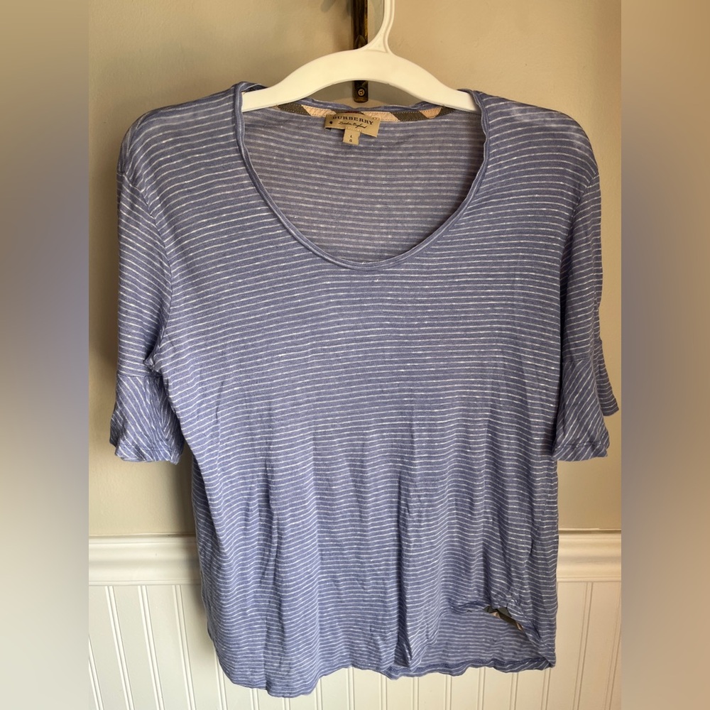 Burberry 100% Linen Blue Stripe Flutter Sleeve Top Lightweight Summer Tee, Large
